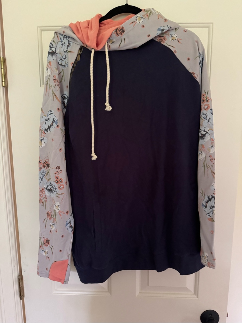 AMPERSAND AVE Navy Crewneck Sweater with Coral Hood and Floral Sleeves
